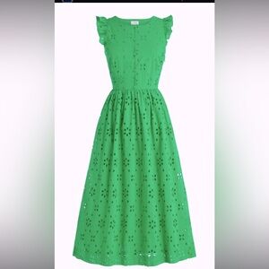J.crew Eyelet dress emerald green embroidery floral fall midi classic casual